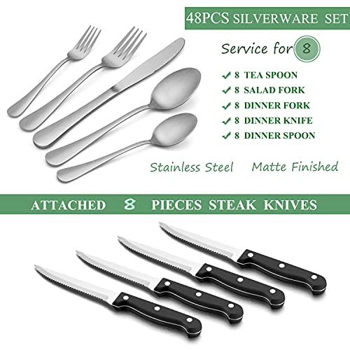 Herogo 48-Piece Matte Silverware Set with Steak Knives, Stainless Steel Flatware Cutlery Set for 8, Tableware Set Include Knife Spoon Fork, Satin Finish, Dishwasher Safe - Thumbnail 2