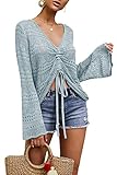 Saodimallsu Damen Boho Off Shoulder Tops Flowy Oversized Langarm Oberteil V-Ausschnitt Crochet Sexy Tie Front Rüschen Shirts Hellblau