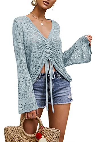 Image of Saodimallsu Womens Boho Off Shoulder Sheer Crop Tops Bell Sleeve Flowy Oversized Crochet Ruched Pullover Sweaters