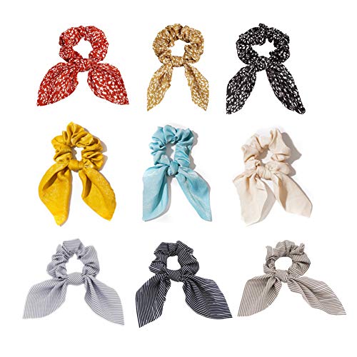 Winssi Bowknot Hair Scrunchies Satin Silk Scarf Hair Ties 2 in 1 Design Rabbit Bunny Ear Bow Bowknot Scrunchie Ponytail Holder Hair Scrunchy Accessories for Women