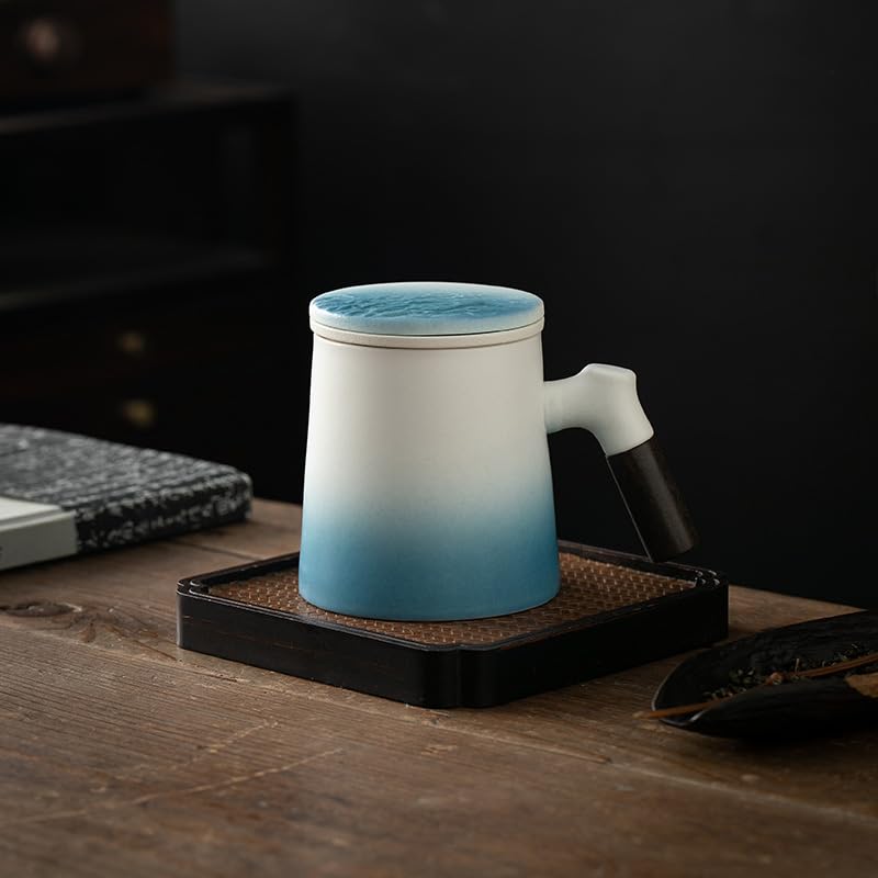 fanquare Blue and White Tea Mugs with Wood Handle Ceramic Tea Cup with Infuser and Lid, Tea Steeping Mug for Brewing Loose Leaf - Image 2