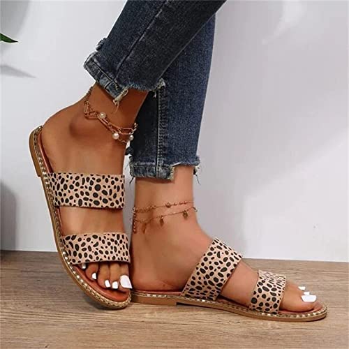 OMIREL Leopard Print Leather Wedge Soft Sole Sandal Leopard Print Sandals Mules Slip on Shoes Sandals for Women Open Toe Slippers Comfortable Beach Shoes,Leopard,US7/EU382