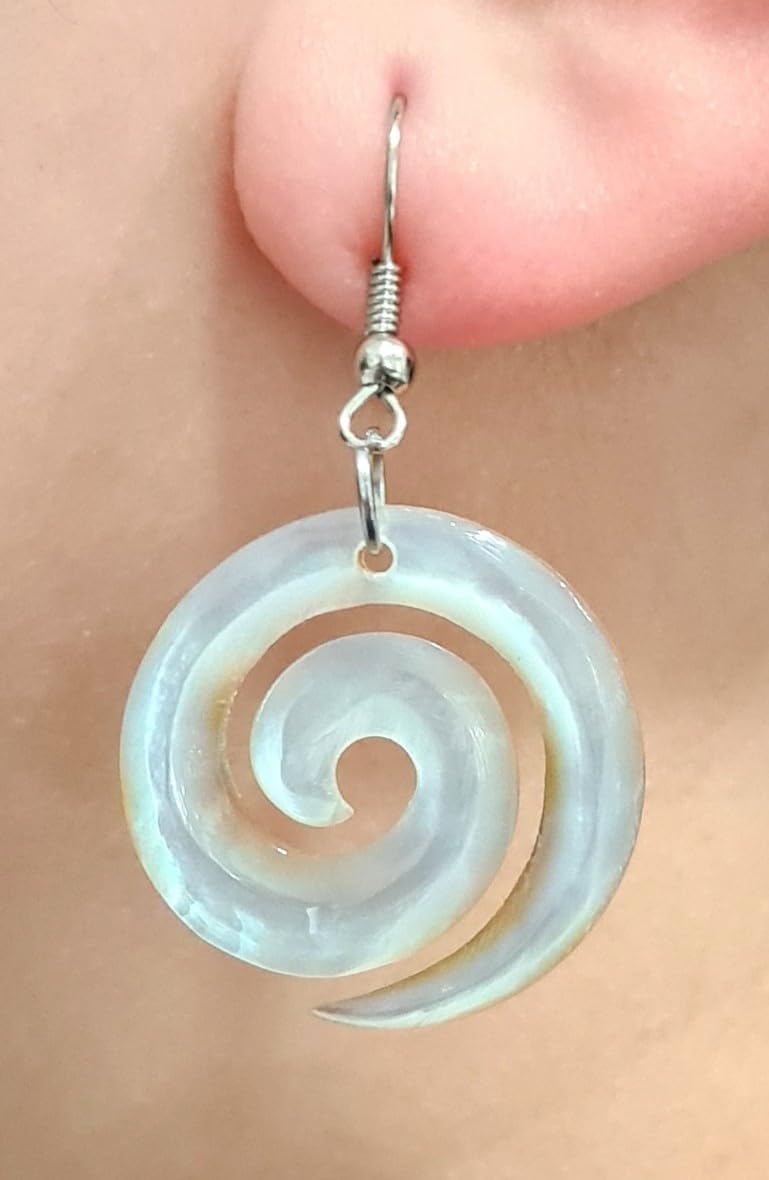 Natural Mother of Pearl Earrings, Hand Carved Spiral Mother of Pearl Shell Earrings for Women, Dangle Drop Seashell Earrings Fashion Jewelry AA027-A - Image 2