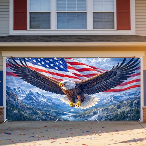 Nuxovilar Garage Door Covers Banner 6X13ft Polyester Bald Eagle American Flag Mountain Backdrop Patriotic Hanging Decor Outdoor Indoor Garage Porch Yard