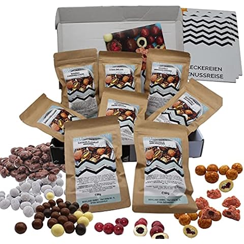 [ Boxiland ] Leckerein Geschenkbox 8x50g I Nascherein Box I Leckere Snacks zum verschenken I Schokofrüchte etc im Präsentkorb I Geschenk zu Idee Vatertag für Frauen Cover