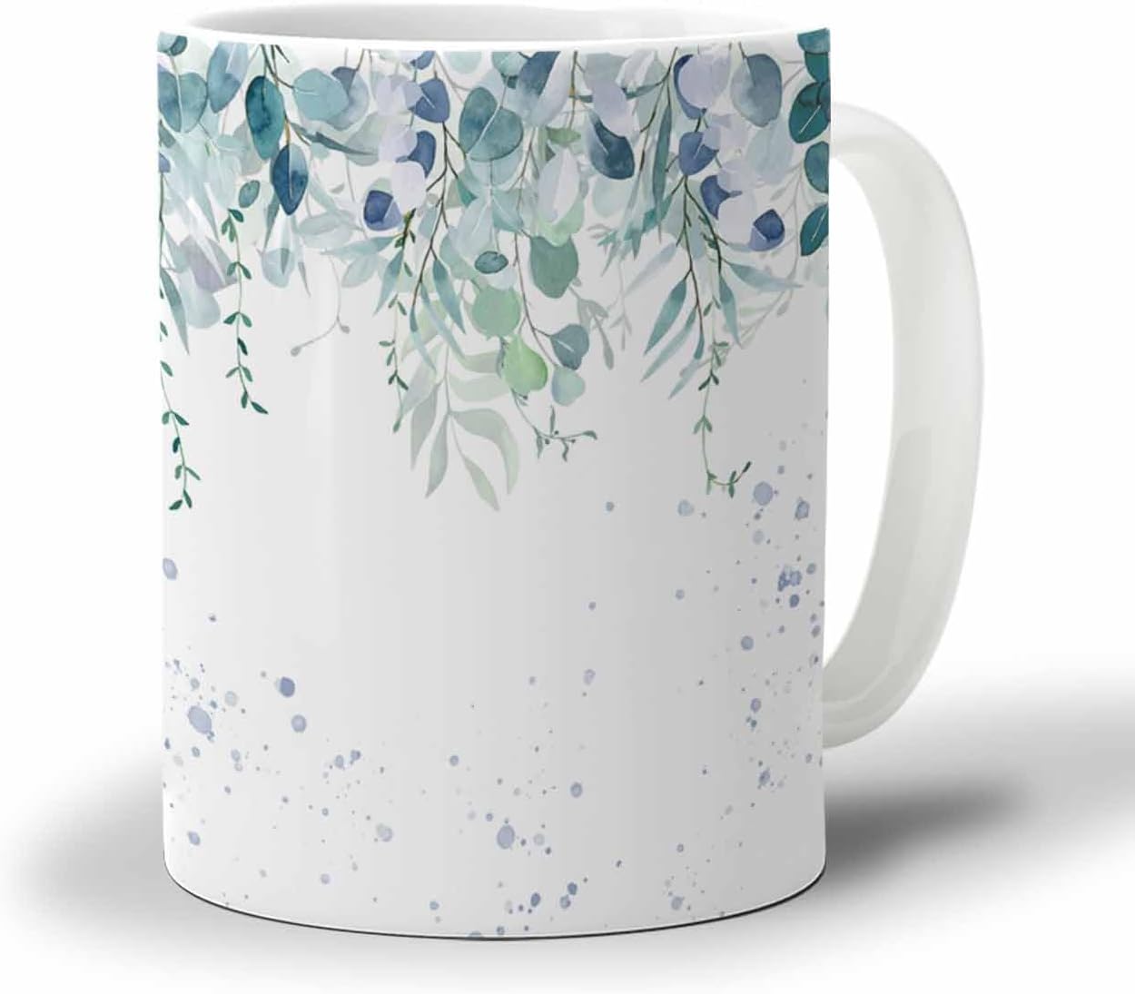 BEMIGO Ceramic Coffee Mug Hanging Eucalyptus Leaves Spring Ceramic Mug White Cup, Watercolor Green Blue Insulated Coffee Cup with Handle with Pattern Perfect for Tea and Hot Beverages, 12oz