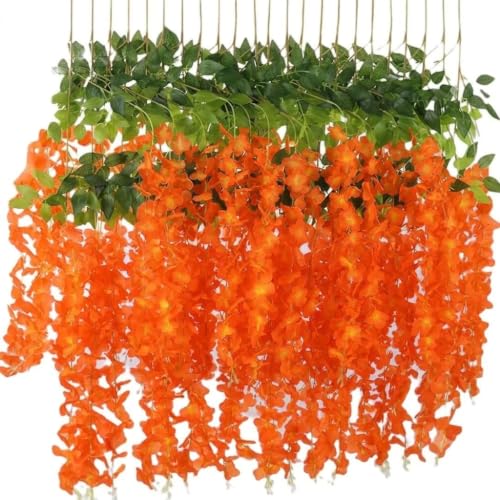 Image of 6 Pcs Artificial Polyester Hanging Flower Wisteria Vines Fake Flowers Vines for Home Party Wedding Garden Outdoor Greenery Decoration (6, Orange)