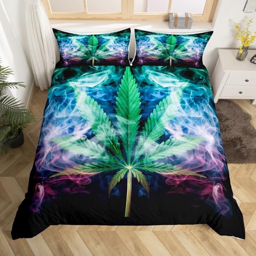 Cannabis Leaves Queen Size Comforter Cover,Psychedelic Smoke Duvet Cover with 2 Pillowcase,Marijuana Leaf Weed 3 Pieces Quilt Set,Hippie Plant Chic Bedding Set,Teens Adults Birthday Gift,No Comforter