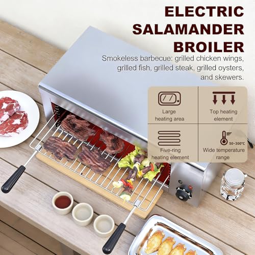 Asador salamandra Comercial de 2000 W, Parrilla eléctrica termostática con Altura Ajustable y construcción de Acero Inoxidable para derretir Queso, Pizza y Asar en la Cocina.