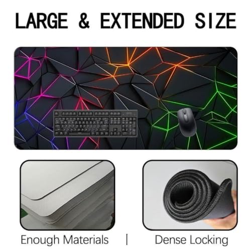 Image of Neon Polygon Design Extended Gaming Mouse Pad 800x300x2mm, Geometric RGB Pattern Desk Mat with Non-Slip Rubber Base, Keyboard & Mouse Pad for Gaming, PC, Laptop & Office(1-pcs)