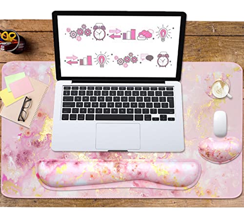 Image of 4-in-1 Large Gaming Mouse Pad, Keyboard Wrist Rest Pad & Wrist Support Mousepad Set, Extended Desk Pad Waterproof Desk Mat for Home Office Study Game-Pink Gold Marble