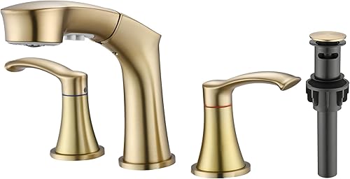 Besfelos Grifo de baño con rociador extraíble, juego central de 4 pulgadas, grifo de fregadero de 3 agujeros, grifo extraíble de 2 manijas para