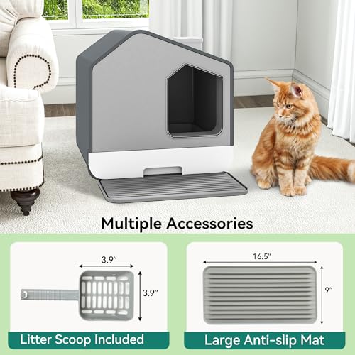 YITAHOME Cat Litter Box Large Enclosed Pullout Cat Litter Tray - High Sides Gray House Litter Pan with Scoop & Mat Slide Out Tray XXL Covered Easy Clean Litter Tray (Gary） - Image 3