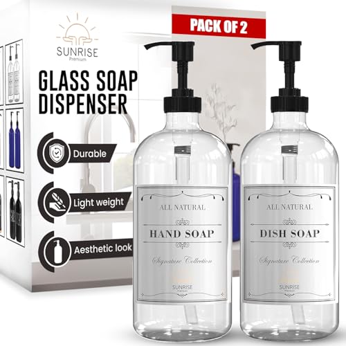 Image of Sunrise Premium 16 OZ Thick Clear Glass Soap Dispenser with Pump 2 Pack, Hand and Dish Soap Dispenser Set for Bathroom and Kitchen with 6 Waterproof Labels