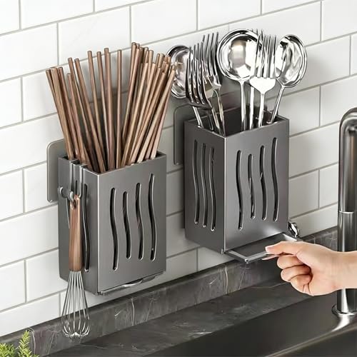 Image of Multifunctional Kitchen Utensil Rack Draining Chopstick Holder Wall-Mounted Freestanding Cutlery Storage Box (Grey)