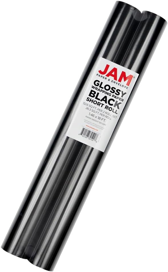 JAM Paper Gift Wrap - Glossy Wrapping Paper - 52.6 Sq Ft Total (17 in x 18 Ft Each) - Glossy Black - 2 Rolls/Pack