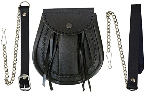 Borsa Scozzese Sporran In Pelle Per Kilt - Stile Giacobita Con Pizzo - Nero - Cinturino A Catena Incluso