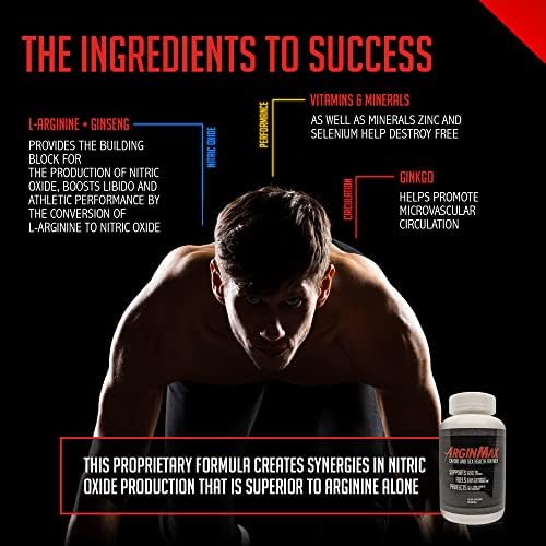 ArginMax L Arginine Nitric Oxide Supplement for Men - Oxygen & Blood Flow Support, Non GMO Nitric Oxide Booster - Larginine Supplements with Ginseng, Nitric Oxide Supplements for Men - 180 Capsules 6 ArginMax L Arginine Nitric Oxide Supplement for Men - Oxygen & Blood Flow Support, Non GMO Nitric Oxide Booster - Larginine Supplements with Ginseng, Nitric Oxide Supplements for Men - 180 Capsules
