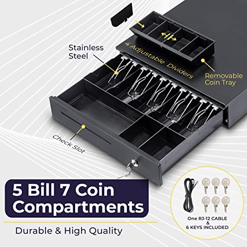 Cash Register Drawer For Point Of Sale (Pos) System, 5 Bill/7 Coin, 16" With Adjustable Coin Slots, 24V, Rj11/Rj12 Key-Lock, Media Slot, Black #TOP2