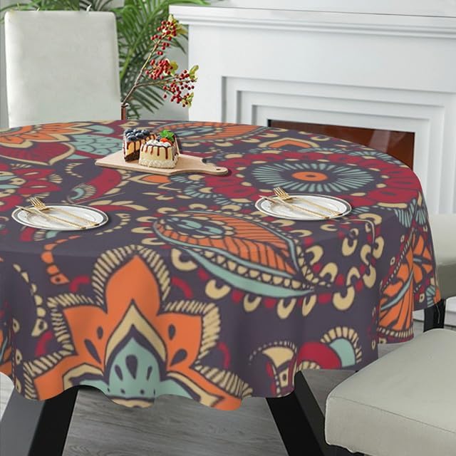 Miniatura 5 de Mantel redondo de mandala bohemio de 60 pulgadas, colorido indio, bohemio, arte rústico, moderno, impermeable, reutilizable, para picnic, fiesta,