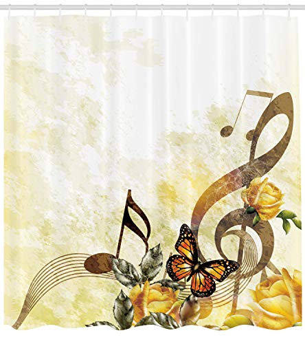 Ambesonne Music Shower Curtain, Music And Roses Of Romantic Antiquity Victorian Style Of Classic With Bridal And Floral Design, Cloth Fabric Bathroom Decor Set With Hooks, 69" W X 84" L, Sepia Yellow #TOP1