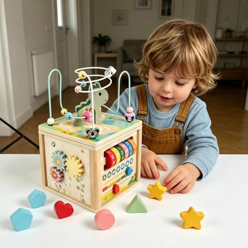 kazemizu Wooden Activity Cube, Montessori Sensory Learning Toys for 1 2 3 Year Old Toddlers, Sorting & Bead Maze Developmental Toy for Boys Girls, First Birthday Gifts for 12-18 Months - Image 3