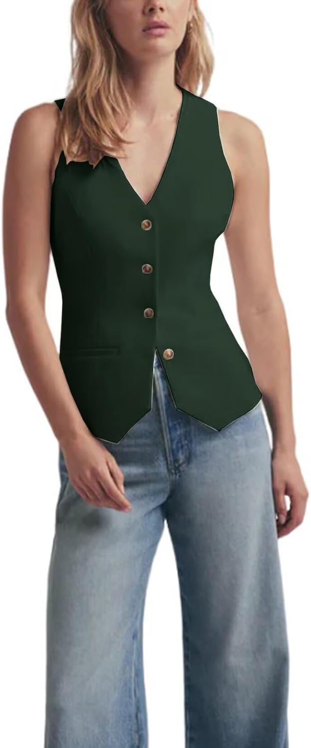 Women's Solid Vest Sleeveless 4 Button V Neck Waistcoat Casual Office Crop Top