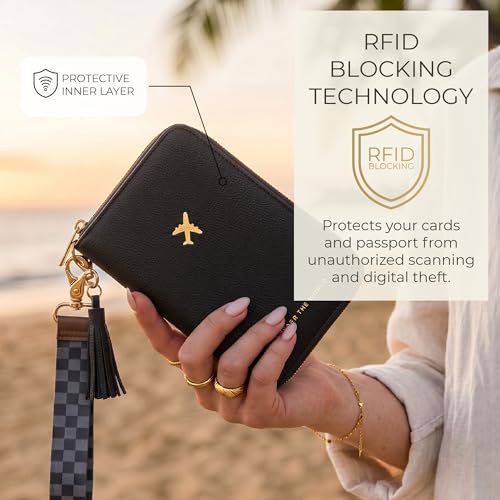 Image of Stylish Passport Holder for Travel with Detachable Wristlet Strap, Black, 6.4 x 4.6 x 0.7 inches, Modern | All-in-one Travel Wallet Organizer for Women - Secure Money Belt Alternative with Card Slots and Tassel Keychain