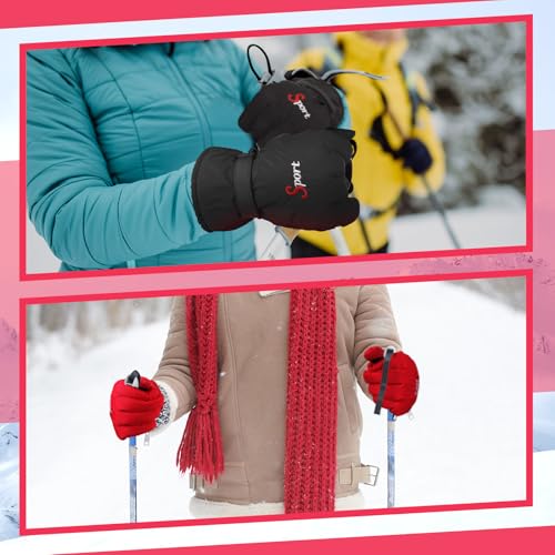 Jeere 2 Pairs Winter Ski Gloves Men Women Waterproof Snow Gloves Adjustable Snowboard Mittens with Zipper Strap Hook Pocket(Black,Red)
