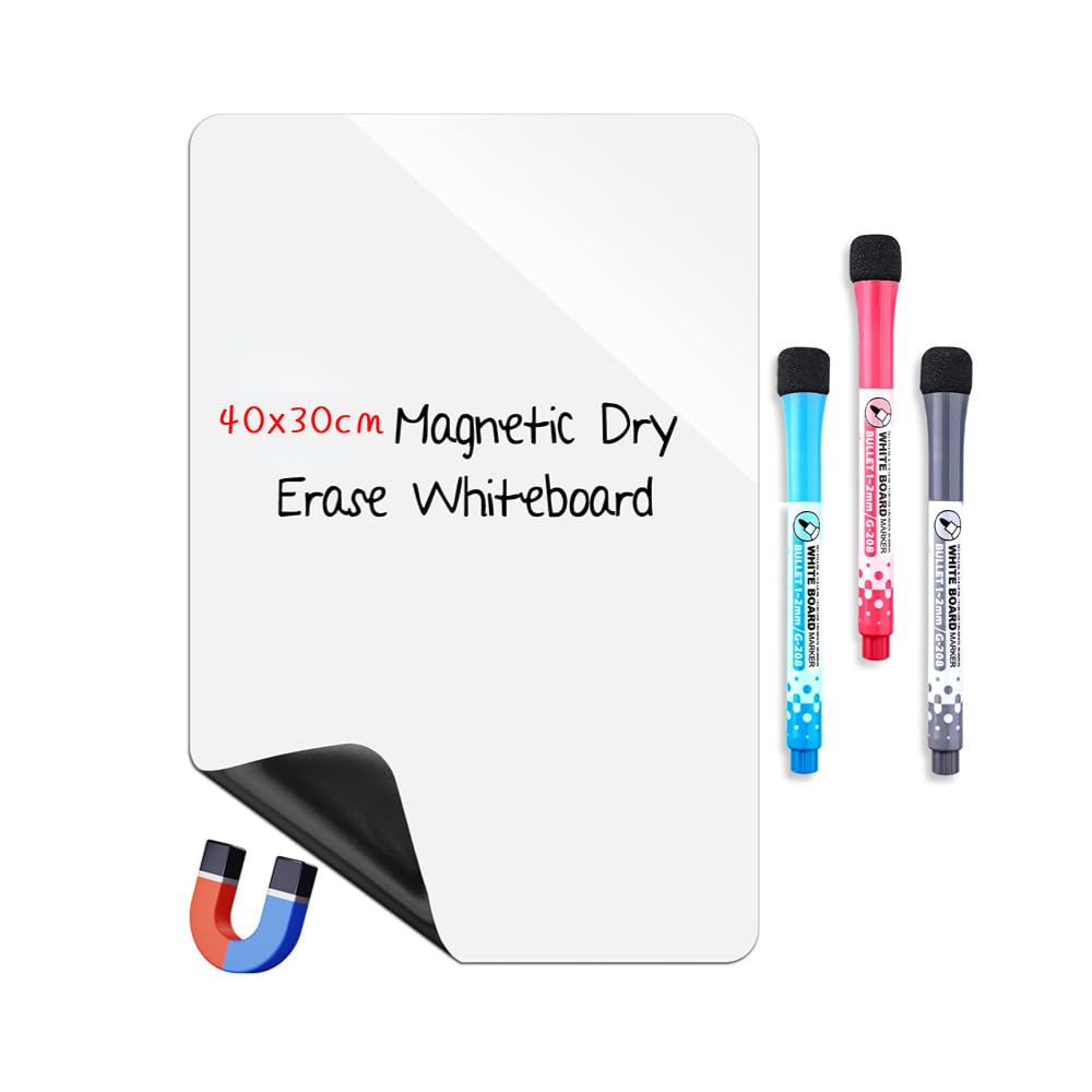 Magnetic Small Whiteboard Sheet for Fridge, 40 x 30 cm Mini Dry Erase White Board for Home Kitchen, Easy Clean Magnet Reminder Notice Board for Refrigerator, Family Meal Planner &3 Markers