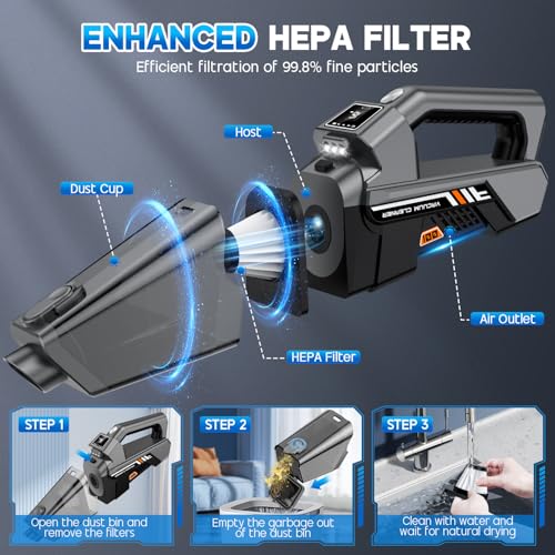 Image of EYYA Handheld Vacuum Cordless, 16KPA Powerful Suction Hand Held Vacuum Cleaner Dust Busters Cordless Rechargeable, HD Display & 3 LED Lights, Portable Vacuum for Car, Home, Pet Hair
