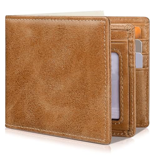 Artpaxy Mens Wallet Genuine Leather Bifold RFID Blocking Wallet for Men with 1 ID Window 13 Card Holders 2 cash pockets 1 Gift Box (Light Brown)