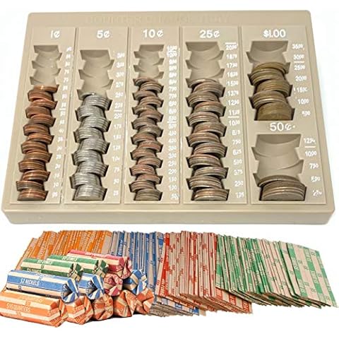 Coin Counter and Sorters Money Tray – Bundled with 64 Coin Roll Wrappers – 6 Storage Compartment Change Organizer and Holder - Ideal Coin Dispenser for Bank Tellers Business or Home Use Cover