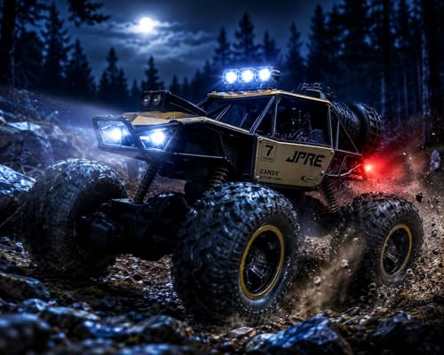Image of RC Rock Crawler 4WD Remote Control Car for Kids, Rechargeable Off Road RC Car with 2.4GHz Remote Control, LED Lights, Shockproof Suspension, Oversized Anti-Slip Tires, Alloy Body Toy Vehicle
