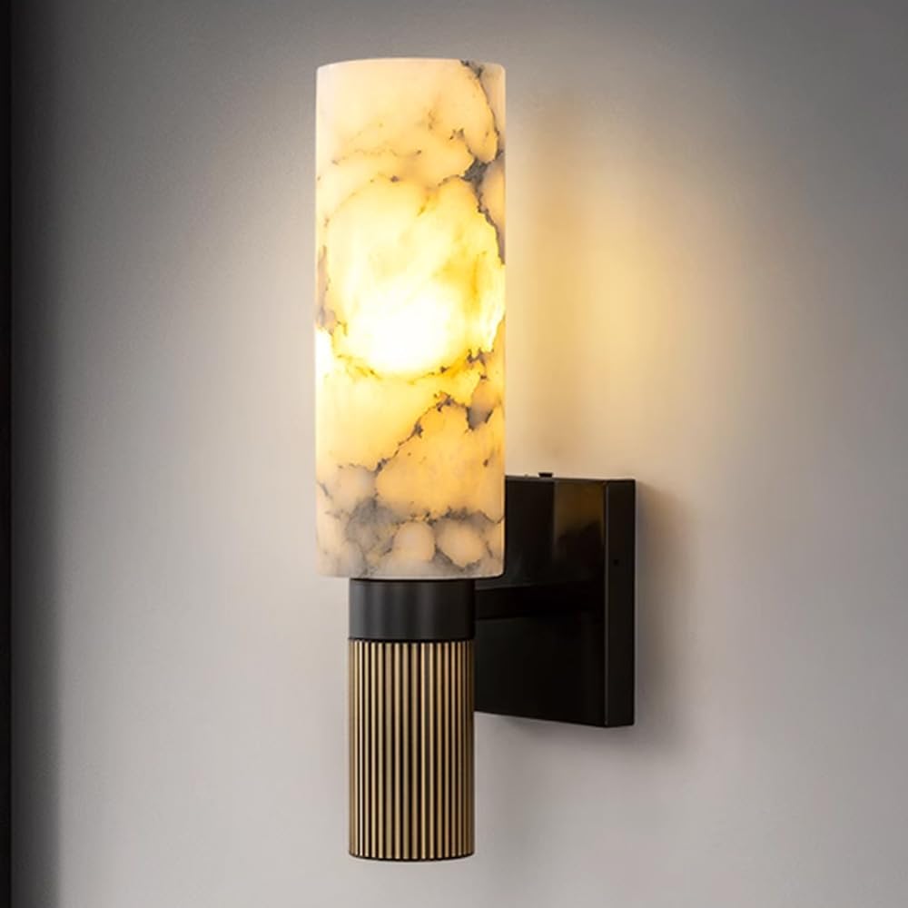 TRIVIDHA Alabaster Sconce Lighting Natural Marble Wall Lamp 15" Mid Century Stone Wall Light Cylinder Alabaster Wall Light E14 For Living Room Bathroom Bedroom Stairway Hallway
