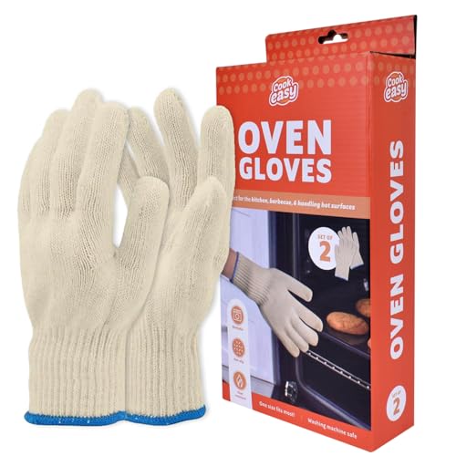 Cook Easy Oven Gloves with Fingers, Heat Resistant Gloves for Cooking, Oven Safety Mitts Grill Gloves, BBQ Gloves for Kitchen Barbecue Smoker & Camping, Beige Safety Glove Indoor Outdoor (1 Pair)