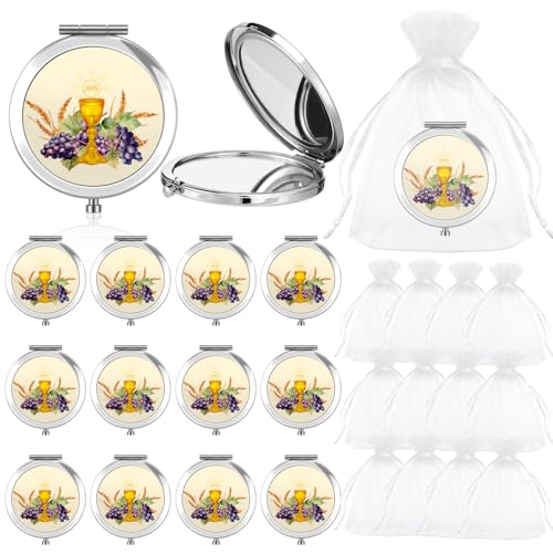 Yerliker 12 Set/24 Pcs First Holy Communion Compact Mirrors for Baptism Gifts First Primera Communion Gifts for Guests Compact Mirrors Set and Bags Baptism Party Supplies for Christening Party Favor