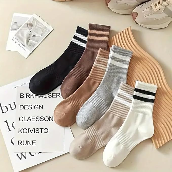 Athletic Crew Socks, Striped Pattern, 6 Pairs, Neutral Colors3