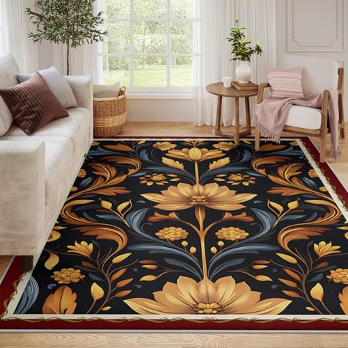 Tapis d'espace 120x170cm lavable antidérapant et tapis vintage fleuri noir et or