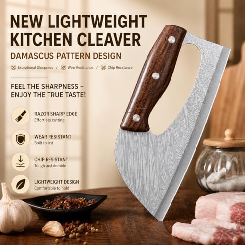 Image of Machado 3Cr13 Stainless Steel Kitchen Cleaver Knife with Ergonomic Handle | Damascus Pattern Blade, Razor Sharp Edge, Lightweight Meat & Vegetable Chopper Knife for Home Kitchen