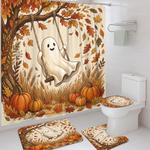 Rideau de douche lavable orange avec tapis et crochets de fixation - 2