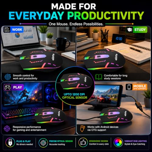 Image of Elista RGB Wired Mouse for Laptop & PC | 3 DPI Levels (800 /1000 /1200) | USB Plug & Play | LED Light Mouse | Ergonomic Design | Budget Gaming Mouse