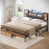 AOGLLATI Letto Imbottito 160x200 cm, Struttura Letto Matrimoniale con Luce LED e Stazione di Ricarica, Telaio Letto in Metallo con Ripiani Portaoggetti e Testiera Imbottita (materasso non incluso)