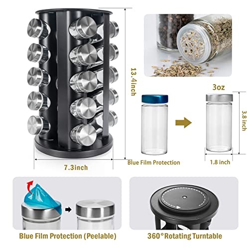 Black Countertop Revolving Spice Rack, Empty 20-Jars Rotating Spice Rack Organizer, Round Carousel Tower, 135 Spice Labels With Funnel Complete Set, For Kitchen Countertop, Cabinet #TOP1