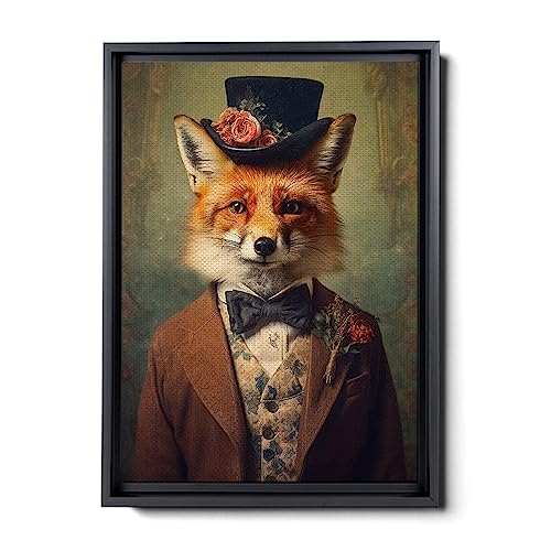 Gentleman Fox Vintage Portrait, Whimsical Victorian Fox in a Top Hat Painting - Dark Forest Gallery Wall Art with Fantasy Charm