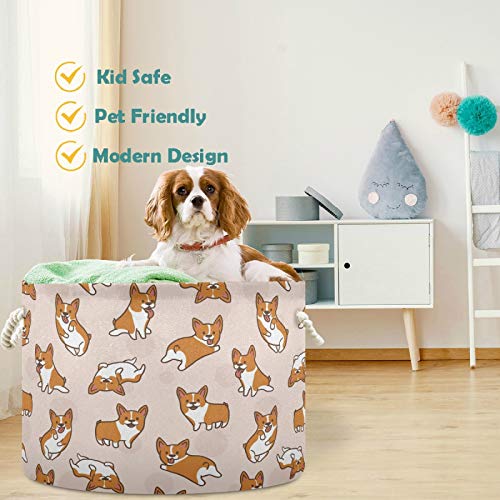 Image of visesunny Storage Basket Corgi Dog Cartoon Animal Nursery Hamper Canvas Fabric Toy Storage Organizer Bin Waterproof Storage Box Laundry Basket for Kid Rooms,Playroom,Shelves,Toy Basket,Gift Basket