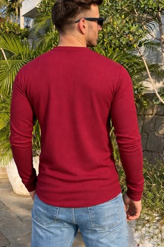Image of GRITSTONES Men Self Waffle Knit Henley T-Shirt (GSHN-2H-01-BLK S)