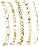 Picture of Poxtex Gold Bracelets for Women Trendy, 5pcs Dainty Stackable Bracelets for Women Waterproof, 14k Real Gold Bracelets Stack With Beaded Cuban Paperclip Satellite Mirror Chain, Gold Jewelry Set Gifts