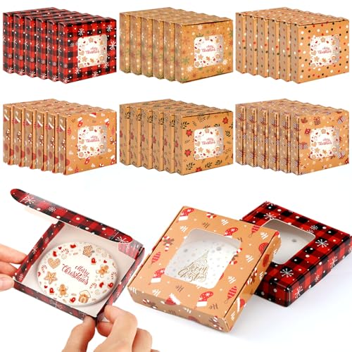 Gersoniel 30 Pcs Christmas Sublimation Ornaments Gift Boxes 3.54x3.54x0.7 Christmas Packaging Boxes with Window Sublimation Ceramic Discs Gift Wrapping for Festivals Holidays Xmas(Vintage)