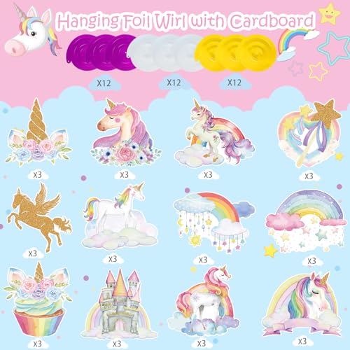 Image of 72 Pcs Unicorn Hanging Swirl Decorations Unicorn Birthday Party Decoration Rainbow Castle Cloud Flower Ceiling Decorations Foil Swirls for Home Office Party Favors Supplies
